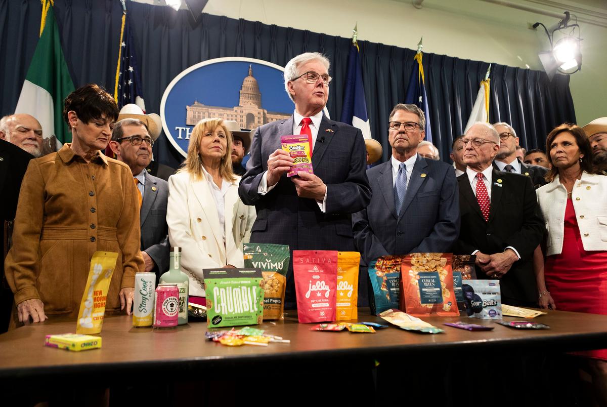 Texas lawmakers voted to ban consumable THC products. Will Gov. Greg Abbott sign — or veto — the bill? Lt. Gov. Dan Patrick shows off various THC and CBD products during a press conference in the Texas Capitol on May 28, 2025. Patrick, joined by representatives from the House and Senate, spoke about Senate Bill 3 and how its passage would be a service to Texans, saving their lives. The bill is set to head to Gov. Greg Abbott’s desk, which Patrick said he wasn’t worried about.