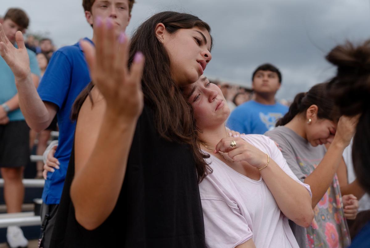 Kerrville community unites in mourning and prayer for those lost and missing in Texas floods Community members attend a vigil for the victims of the floods at the Antler Stadium in Kerrville on Wednesday July 9, 2025.