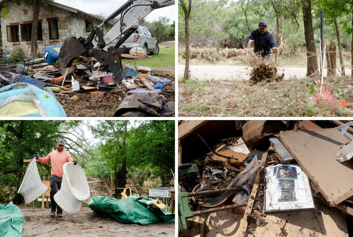 In flood-ravaged Hill Country towns, friends, families and strangers rush in to help with cleanup Top right: An excavator picks up damaged items to be discarded. Top left: Jesús Rodriguez, a volunteer who was vacationing from Guanajuato, Mexico, stayed in Hunt to help people clean up. Bottom right: Steve Rodriguez, a volunteer from New Braunfels, helping during the clean up. Bottom left: Items discarded from a property that was affected by the flood in Hunt.