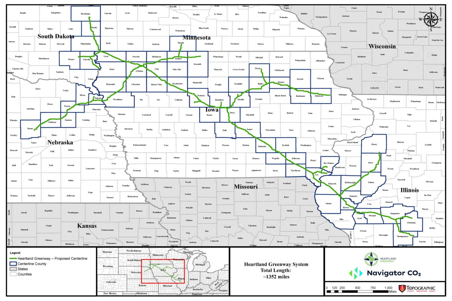 ‘Its about property rights’: Some farmers resent ethanol industry’s push for carbon pipelines The route of the proposed Heartland Greenway pipeline. (Courtesy of Navigator CO2)