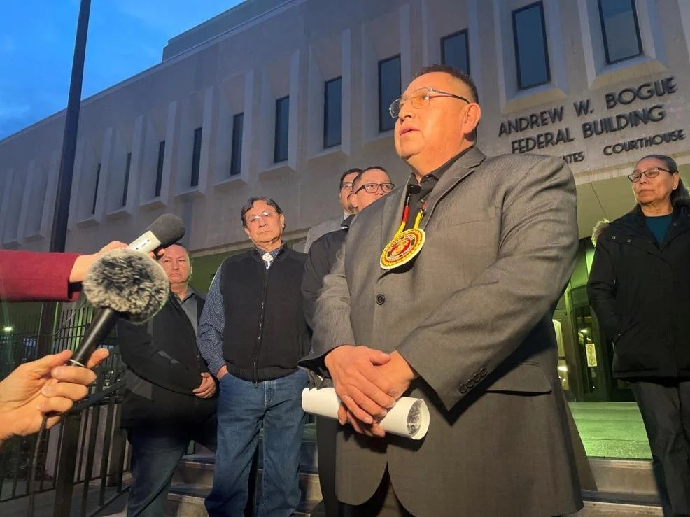 Noem’s ‘banish the cartels’ obscures statewide drug problem, tribal leaders say Oglala Sioux Tribe President Frank Star Comes speaks to reporters Feb. 2023 after the first day of hearings in Oglala Sioux Tribe v. United States. The tribe alleges that the United States has failed their treaty obligations by providing inadequate law enforcement funding. (Photo by Shalom Baer Gee, Rapid City Journal)