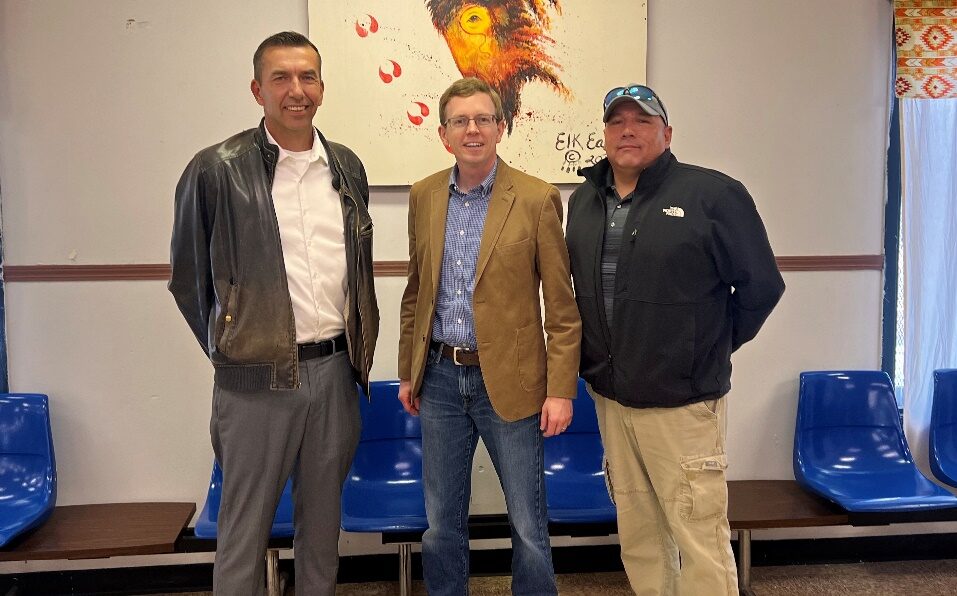 Noem’s ‘banish the cartels’ obscures statewide drug problem, tribal leaders say Crow Creek Sioux Tribe Chairman Peter Lengkeek, left, and Lower Brule Sioux Tribe Chairman Clyde Estes, right, with U.S. Rep. Dusty Johnson, R-South Dakota, in November 2023. (Courtesy of Rep. Johnson's office)