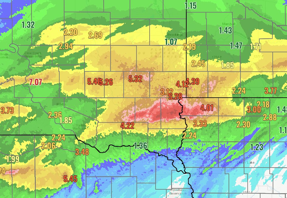 Flooding causes no-travel advisory in southeast SD; portions of I-29 blocked A rainfall totals map published on the morning of June 21, 2024, showing totals from the prior 48 hours. (Courtesy of National Weather Service)