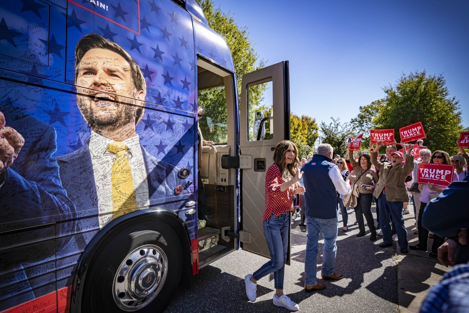 With Trump returning to office, is Noem poised for an administration role? Speculation swirls Governor Kristi Noem departs a tour bus while campaigning for former President Donald Trump on Oct. 18, 2024, in North Carolina. (Governor Kristi Noem's Office)