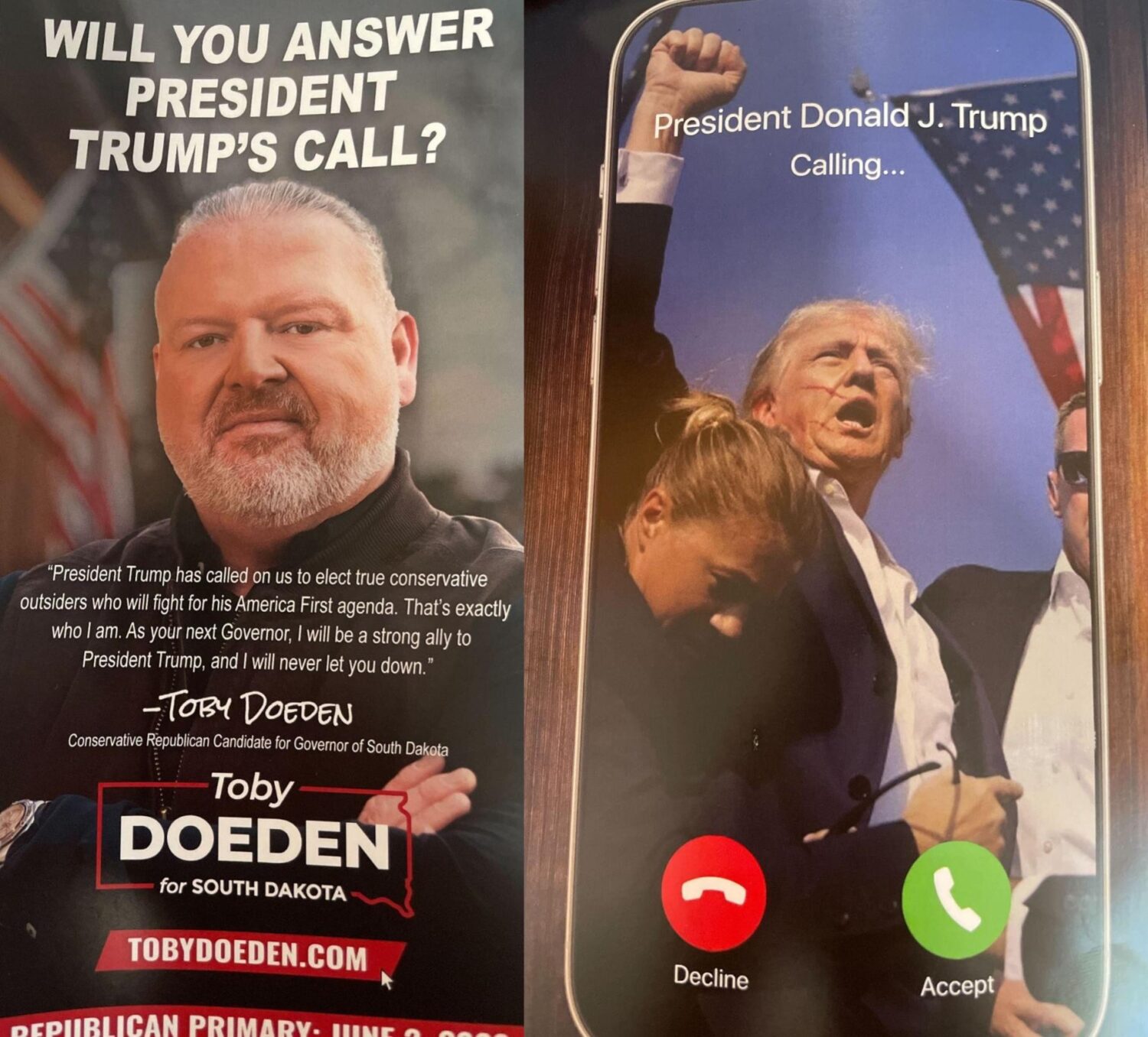 Q&A: Johnson says ‘proof is in the pudding’ to those challenging his conservative credentials A postcard sent by the Doeden for Governor campaign during the week that U.S. Rep. Dusty Johnson entered the race. (South Dakota Searchlight photo)