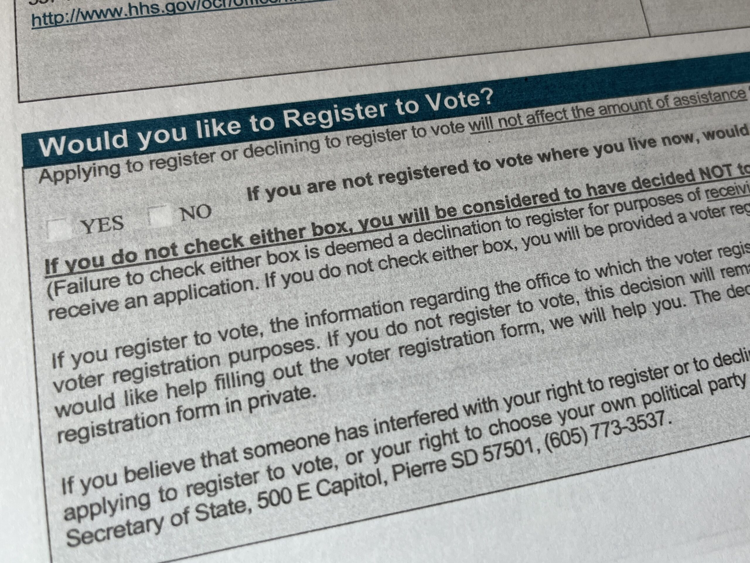 SD election office publishes voter list labeling thousands as public assistance applicants Voter registration checkbox on the South Dakota Department of Social Services economic assistance application. (Makenzie Huber/South Dakota Searchlight)