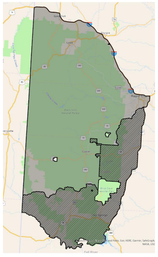 Dog-assisted mountain lion hunting will be expanded into the darker-shaded areas of the Black Hills. (Courtesy of SD Game, Fish and Parks)