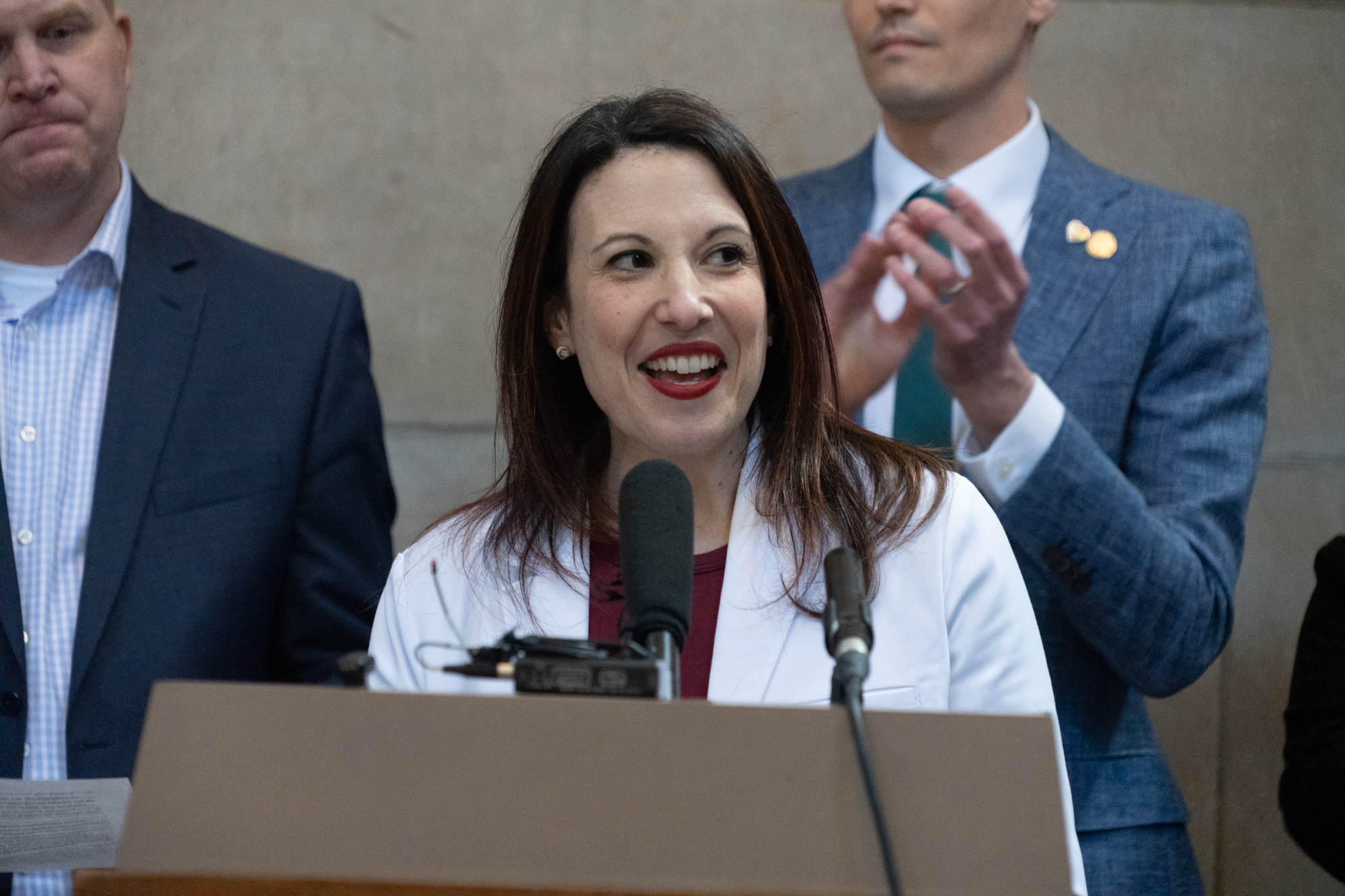 Proposed gender-alteration ban for minors draws hundreds to Nebraska Capitol Dr. Elizabeth Constance speaks at a rally