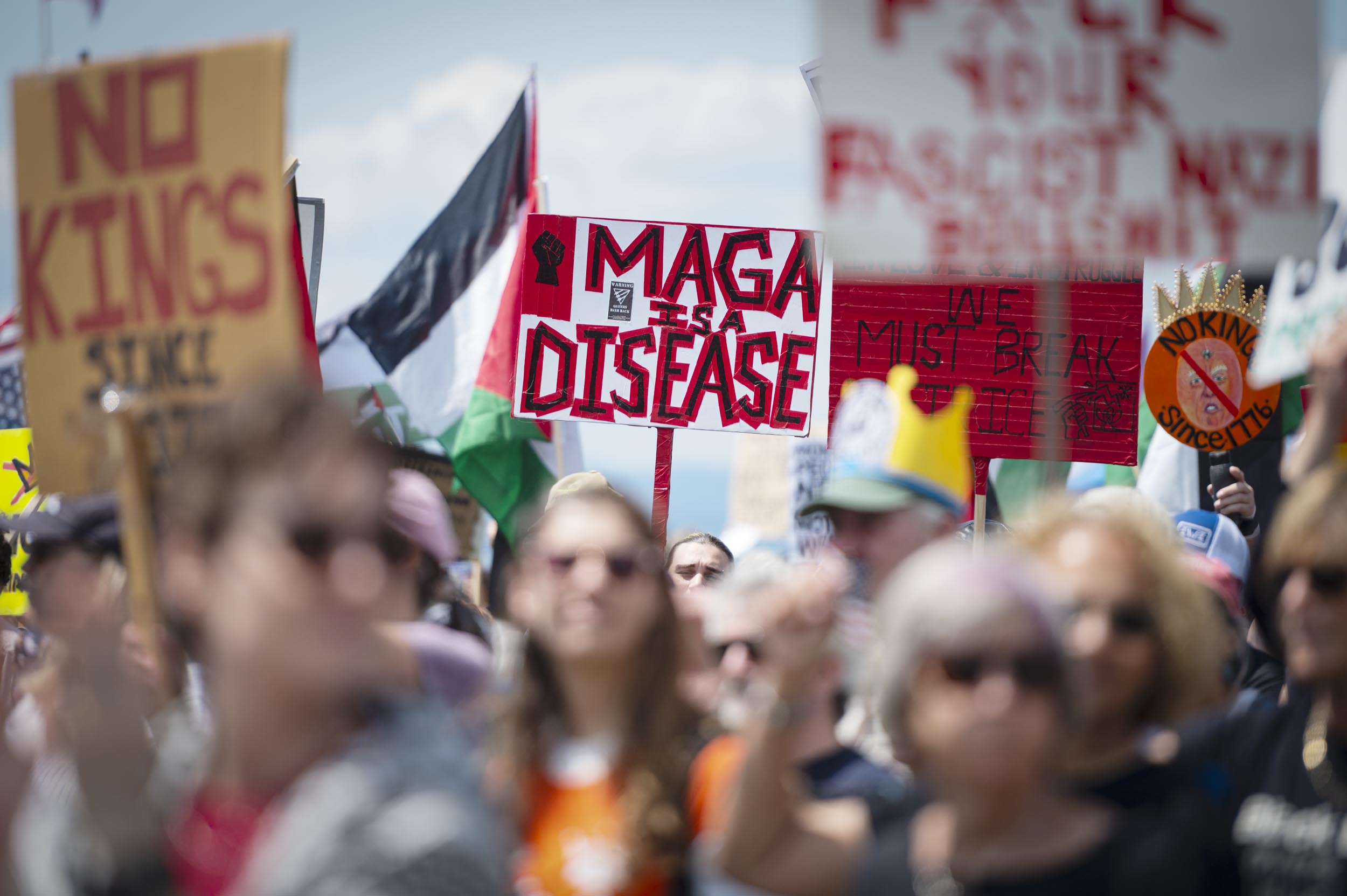 ‘No Kings Day’ draws more than 16,000 to Burlington to protest Trump and authoritarianism A crowd of protesters holds various signs, including one reading "MAGA IS A DISEASE" and another with a Palestinian flag in the background.