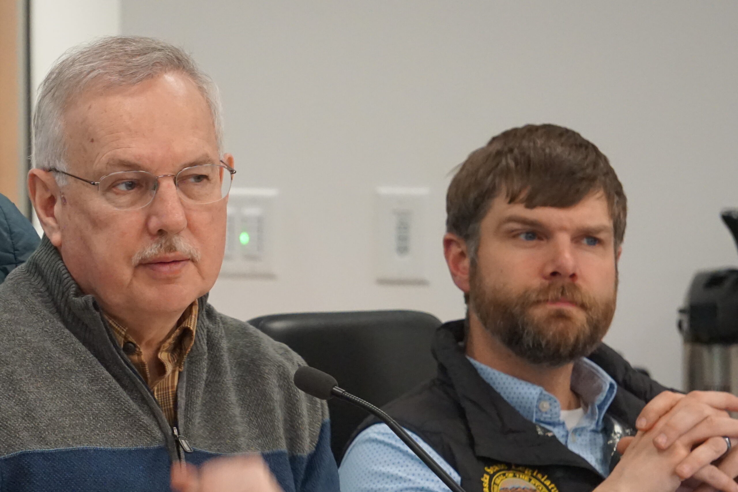 Legislative task force offers possible actions to rescue troubled Alaska seafood industry Dillingham, and Sen. Jesse Bjorkman, R-Nikiski, listen to information presented on Jan. 9, 2025, at a hearing held by the Joint Legislative Take Force Evaluating Alaska's Seafood Industry. Edgmon and Bjorkman are two of the eight task force members. (Photo by Yereth Rosen/Alaska Beacon)