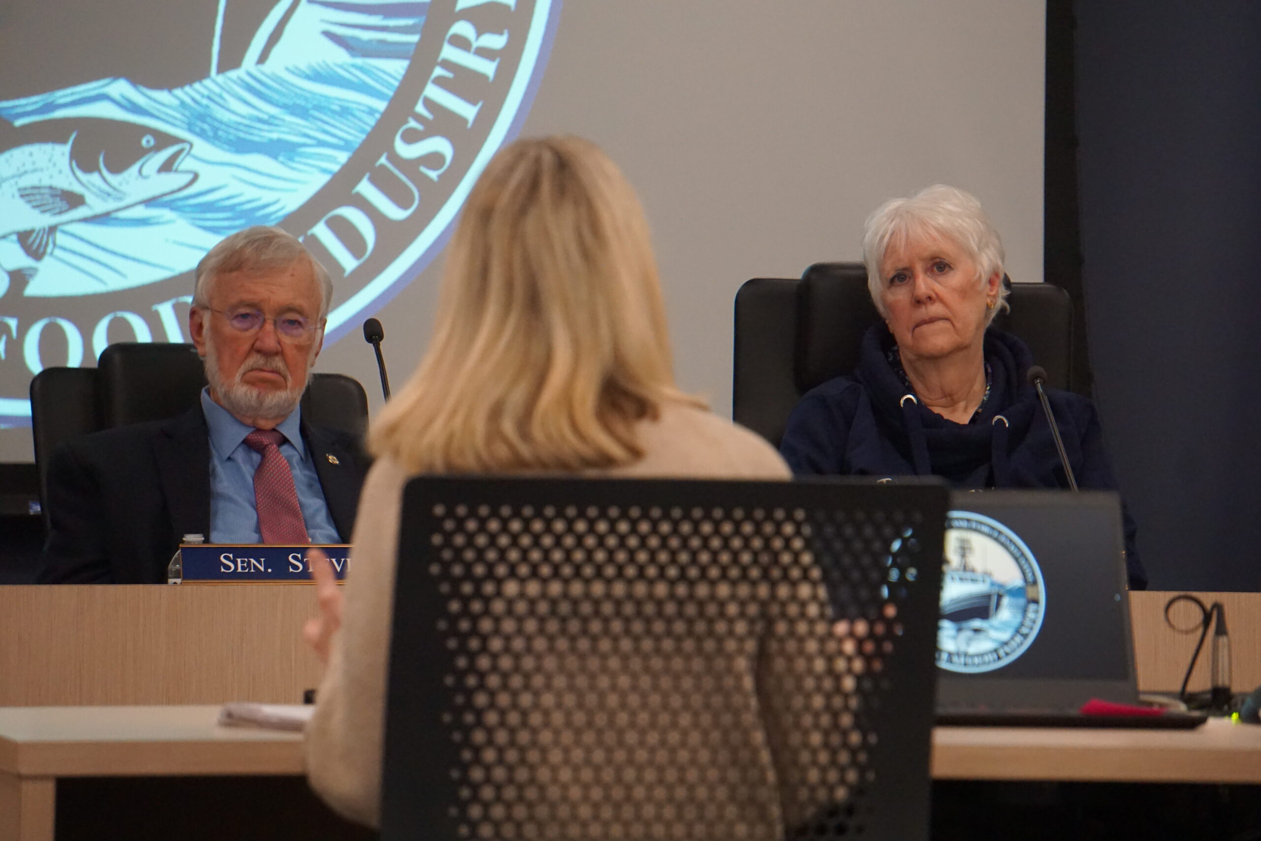Legislative task force offers possible actions to rescue troubled Alaska seafood industry Senate President Gary Stevens, R-Kodiak, and Rep. Louise Stutes, R-Kodiak, listen to testimony on Jan. 9, 2025, from Nicole Kimball of the Pacific Seafood Processors Association. Kimball was among the industry representatives who presented information at the hearing, held on Jan. 9 and 10, 2025, of the Joint Legislative Task Force Evaluating Alaska's Seafood Industry. (Photo by Yereth Rosen/Alaska Beacon)