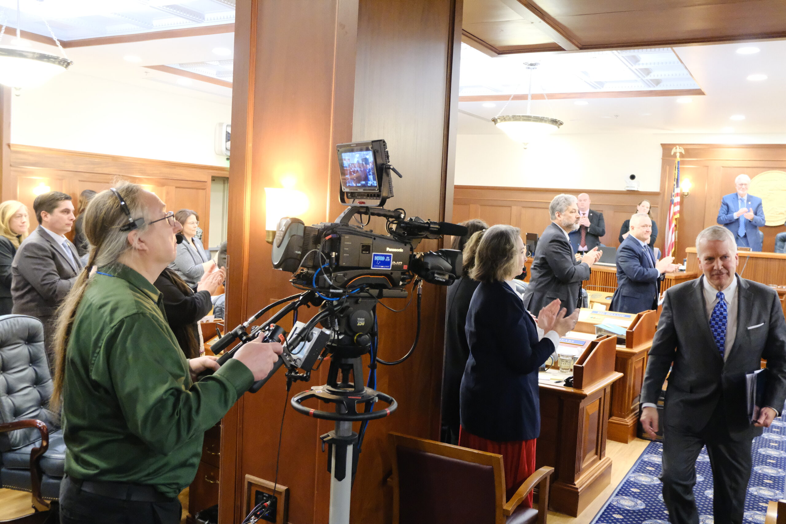 Behind the cameras: Gavel Alaska broadcasts the business of state government to Alaskans Bob Laurie operates a camera for a live broadcast of U.S. Sen. Dan Sullivan giving an annual address to the Alaska State Legislature on March 20, 2025 (Photo by Corinne Smith/Alaska Beacon)