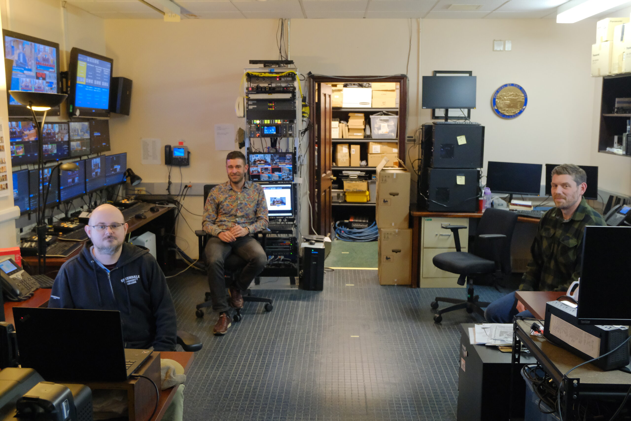 Behind the cameras: Gavel Alaska broadcasts the business of state government to Alaskans Staff members with the Legislative Affairs Agency's media services department, Jeremy Dunn, Tim Powers and Brian Heimbigner in the production studio on May 16, 2025 (Photo by Corinne Smith/Alaska Beacon)