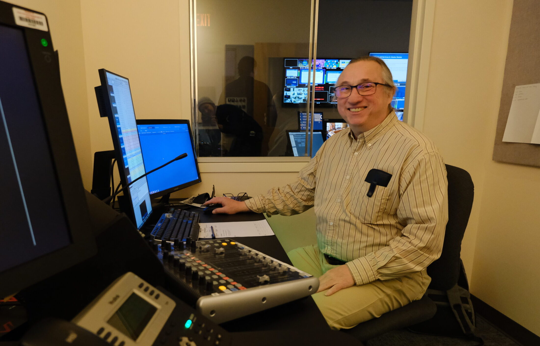 Behind the cameras: Gavel Alaska broadcasts the business of state government to Alaskans Bob Laurie, former TV reporter and production technician with Gavel in the studio on February 13, 2025 (Photo by Corinne Smith/Alaska Beacon)