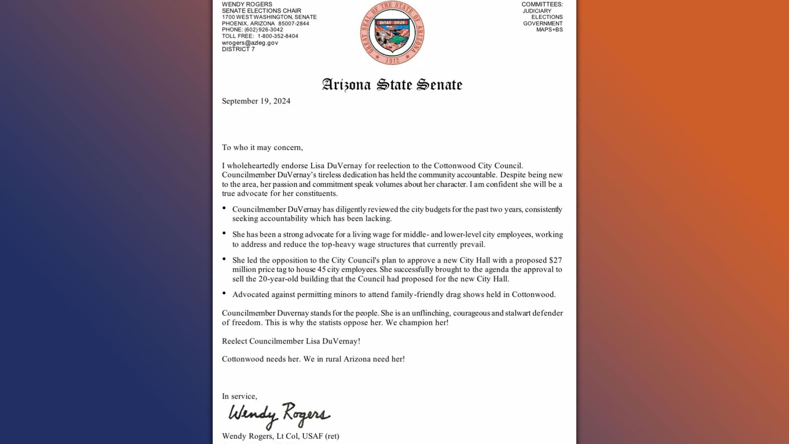 A GOP senator used state resources to endorse a Cottonwood city council candidate A GOP senator used state resources to endorse a Cottonwood city council candidate