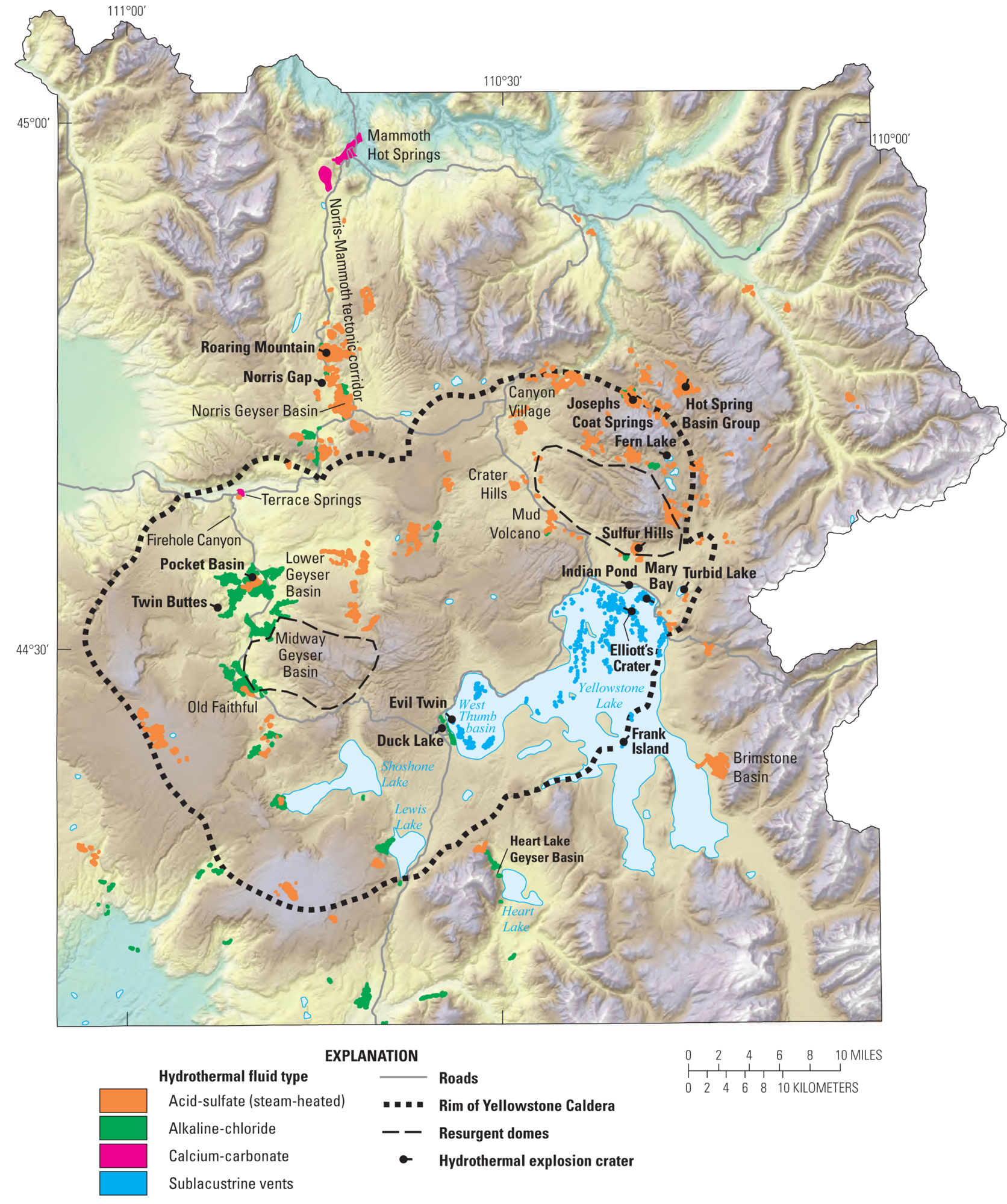 The probability of hydrothermal explosions in Yellowstone National Park map showing different types of thermal areas in Yellowstone National Park