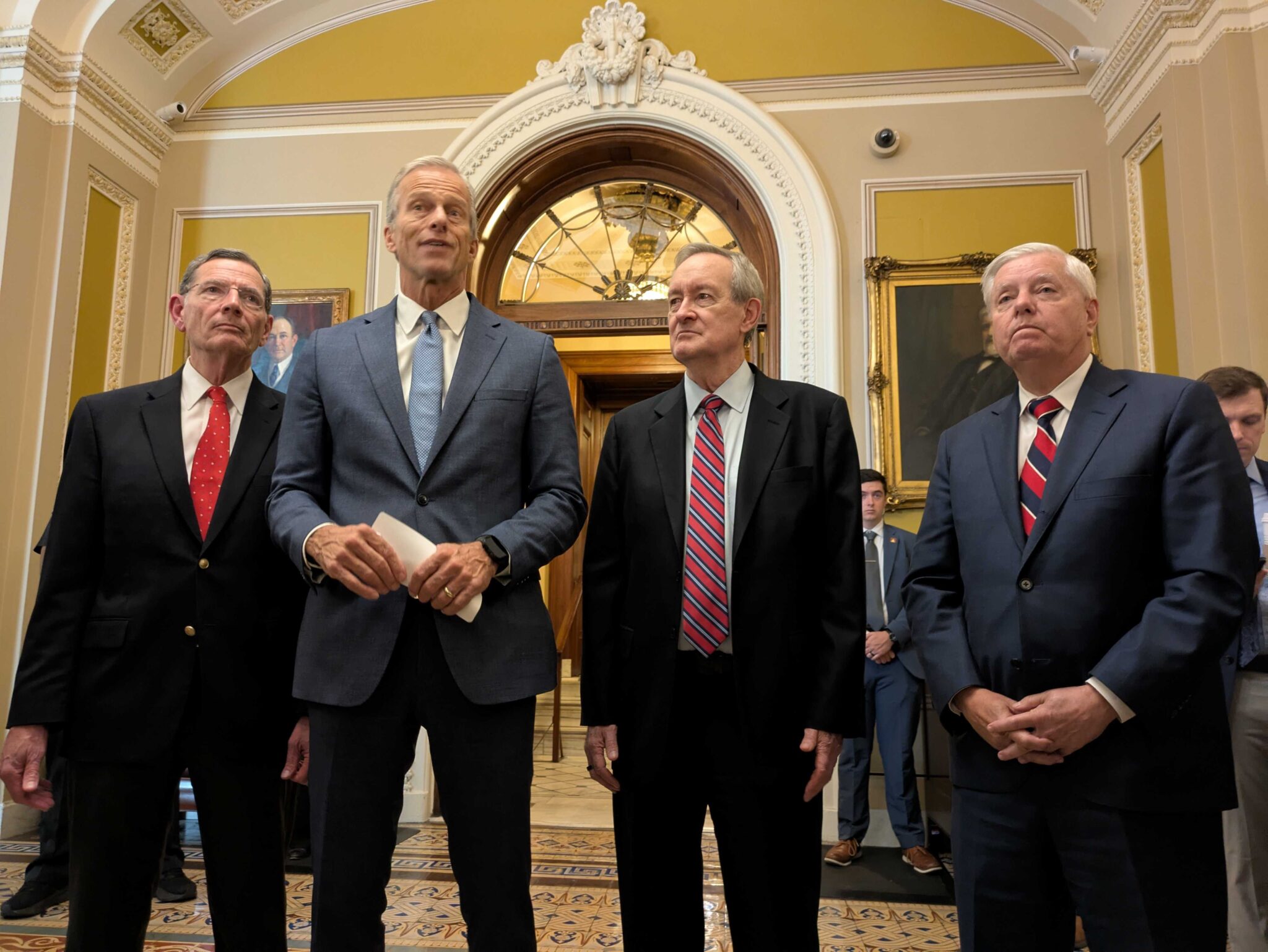Thousands of Idahoans could lose healthcare coverage under federal spending bill Republican Sens. John Barrasso of Wyoming, John Thune of South Dakota, Mike Crapo of Idaho and Lindsey Graham of South Dakota speak to reporters after passage of their sweeping tax break and spending cut bill on Tuesday, July 1, 2025. (Photo by Ashley Murray/States Newsroom)