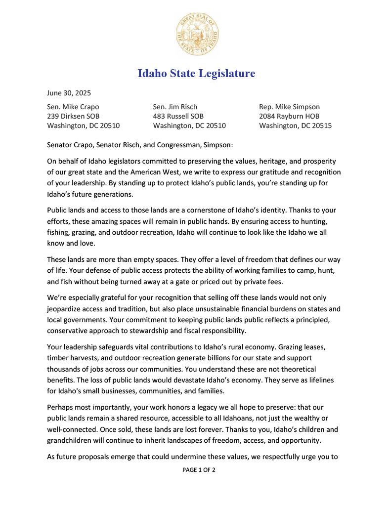 Idaho legislators celebrate death of proposal to sell off public lands Idaho Legislature public lands letter