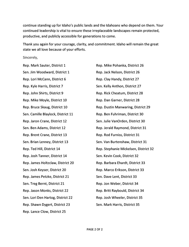 Idaho legislators celebrate death of proposal to sell off public lands Idaho Legislature public lands letter