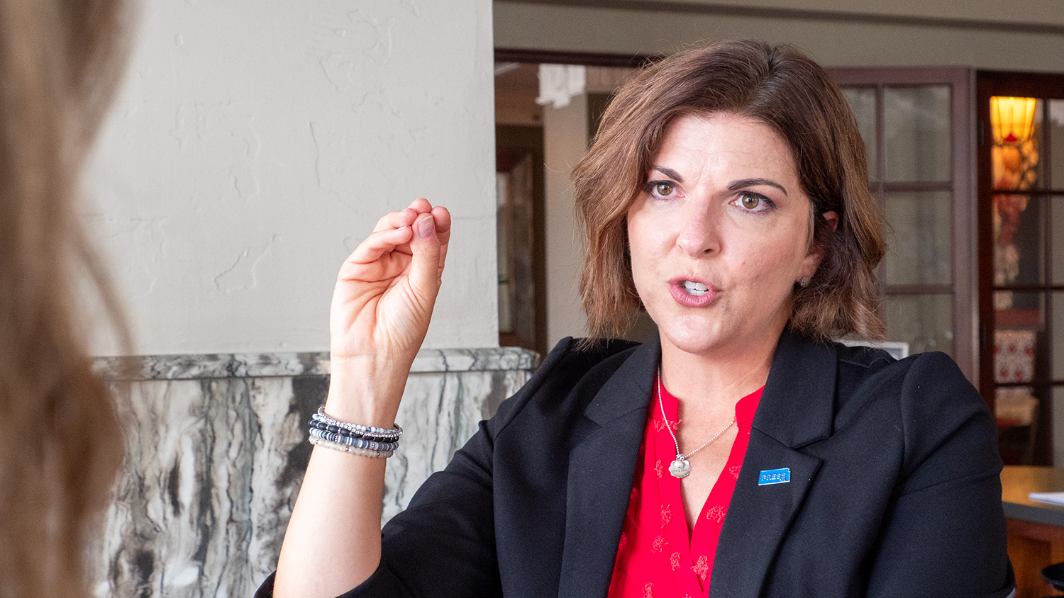 After Kansas newspaper raid, journalists remain defiant in battle for accountability Emily Bradbury, executive director of the Kansas Press Association, answers questions during a July 18, 2024, interview at the Eldridge Hotel in Lawrence.
