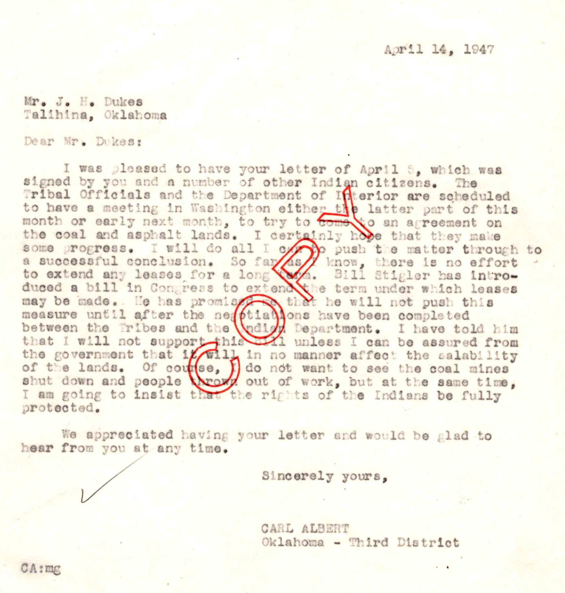 Universities in every state care for congressional papers. Federal cuts put their work at risk. A copy of a letter from U.S. Rep. Carl Albert of Oklahoma, who ultimately became the 46th speaker of the U.S. House of Representatives