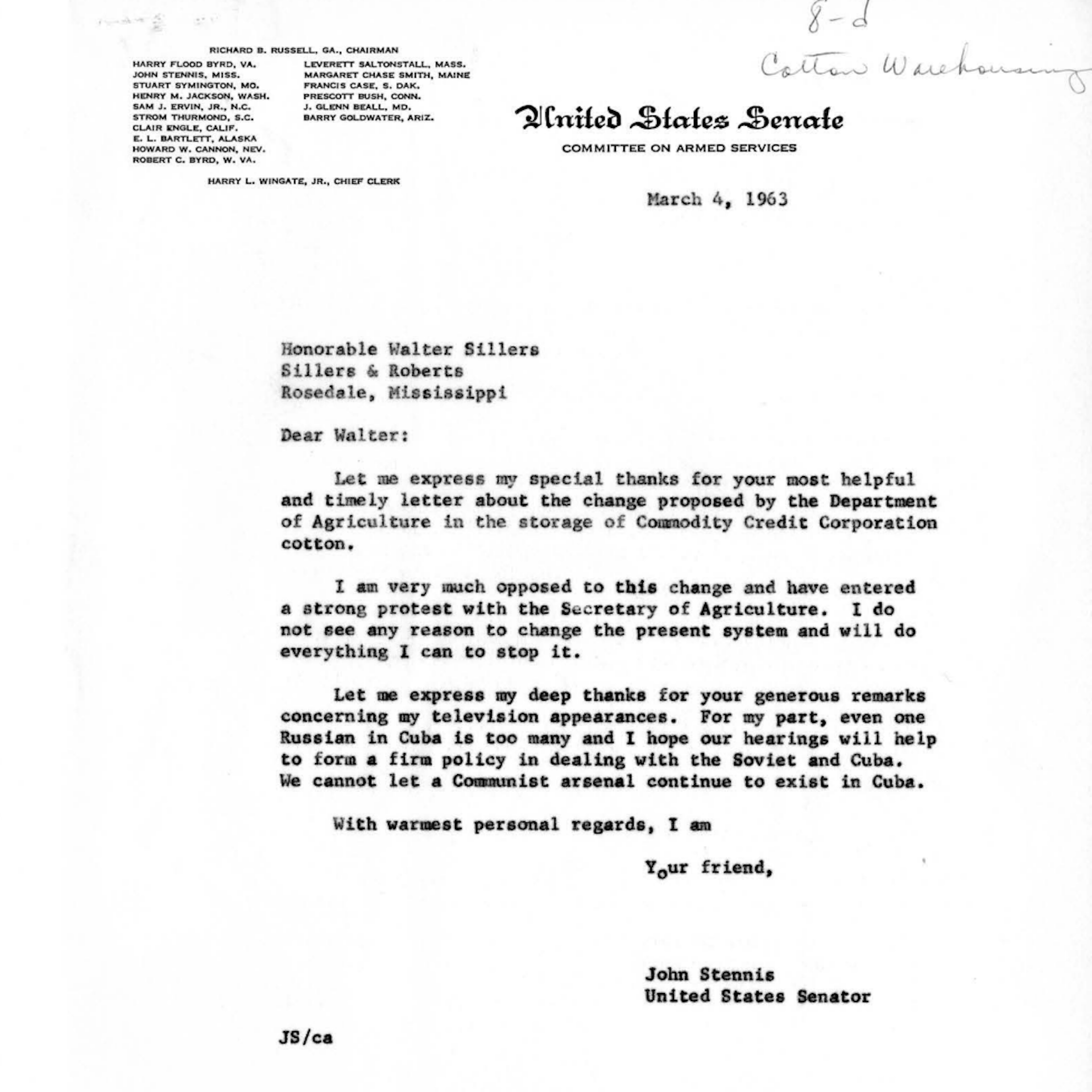 Universities in every state care for congressional papers. Federal cuts put their work at risk. A 1963 letter from Sen. John Stennis to a constituent about agricultural legislation and also Russians in Cuba