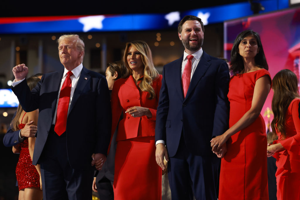 Trump describes assassination attempt in speech accepting GOP presidential nomination Former U.S. President Donald Trump, former first lady Melania Trump, Republican vice presidential nominee, U.S. Sen. J.D. Vance of Ohio and his wife Usha Chilukuri Vance celebrate after officially accepting the Republican presidential and vice presidential nominations on the fourth day of the Republican National Convention at the Fiserv Forum on July 18, 2024 in Milwaukee.