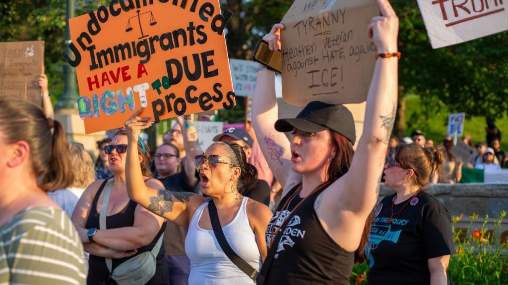 In Kansas City, most immigrants facing deportation receive no legal counsel An anti-ICE protest in Kansas City on June 10, 2025.