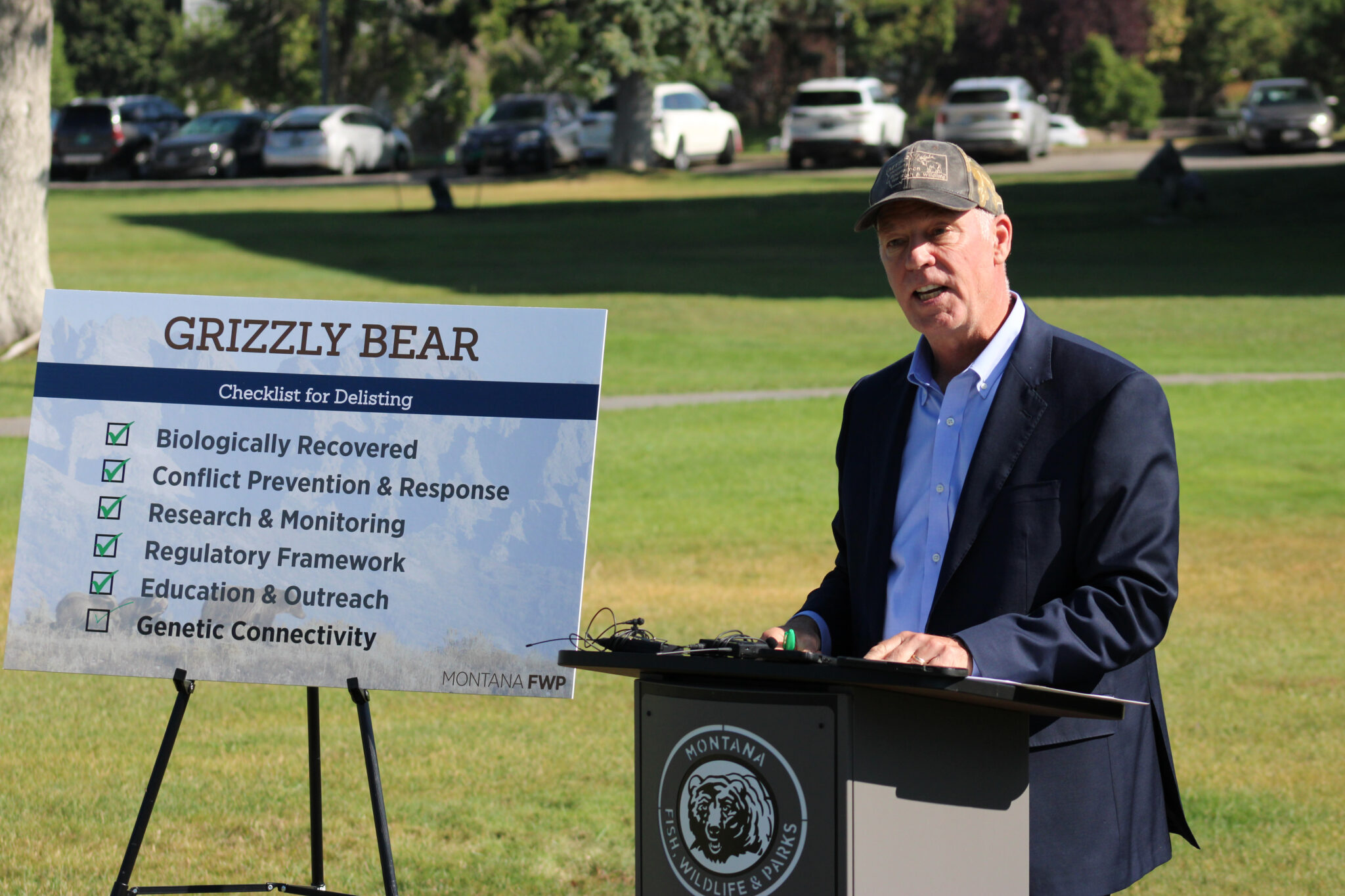 Montana releases final environmental assessment for grizzly management plan Gov. Greg Gianforte declares that Montana is ready for grizzly bears to be delisted in the Northern Continental Divide Ecosystem at a news conference on Aug. 5, 2024. (Photo by Blair Miller, Daily Montanan)