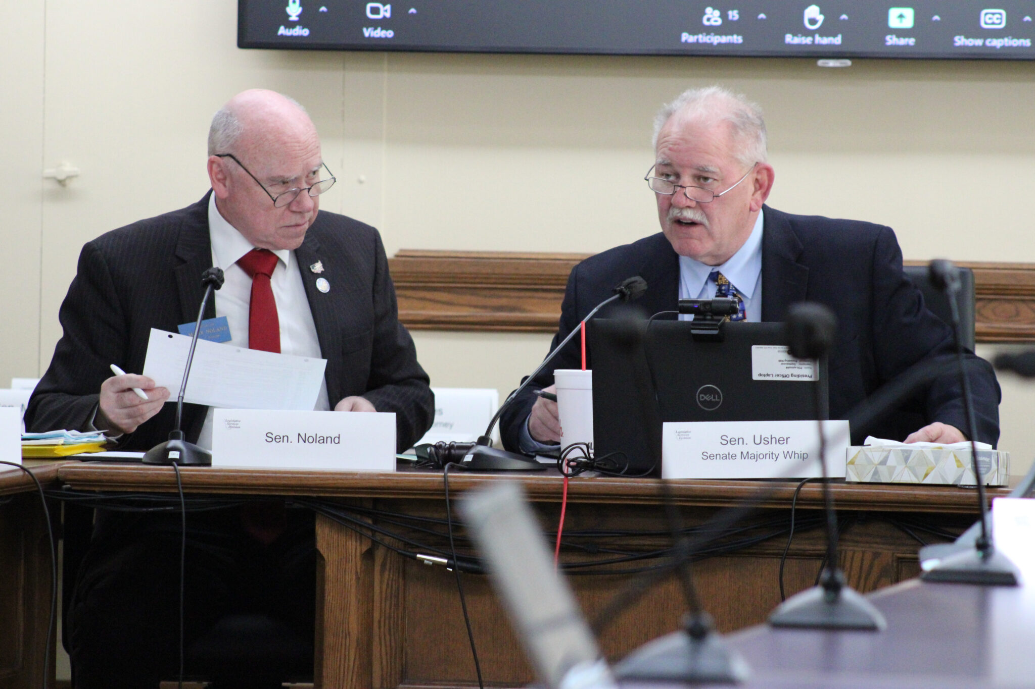Judicial oversight committee asks for 27 bills; Dems and Racicot call them attacks on judiciary Sen. Mark Noland, R-Bigfork, and Sen. Barry Usher, R-Yellowstone County, discuss a bill proposal at a judicial oversight committee hearing on Dec. 4, 2024. (Photo by Blair Miller, Daily Montanan)