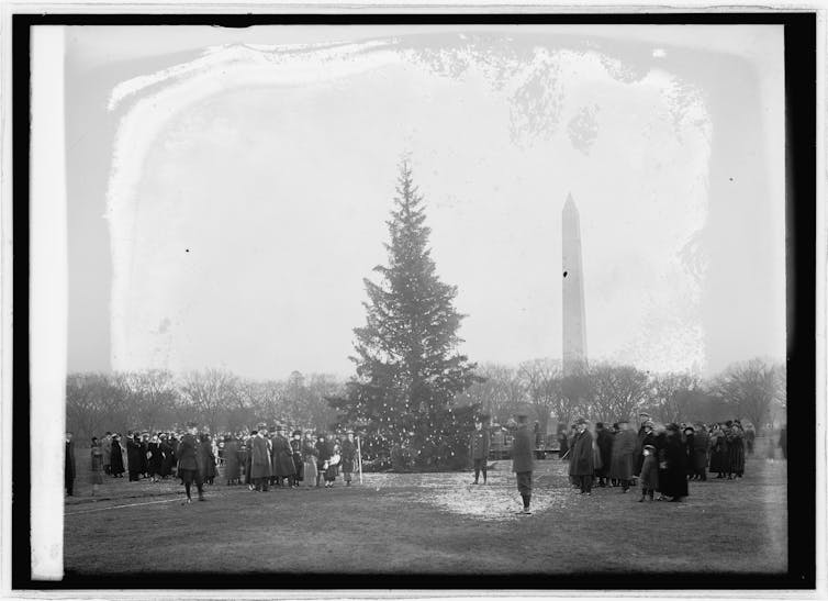 The Christmas tree is a tradition older than Christmas Black and white photo of people gathered around a tall Christmas tree in Washington, D.C.