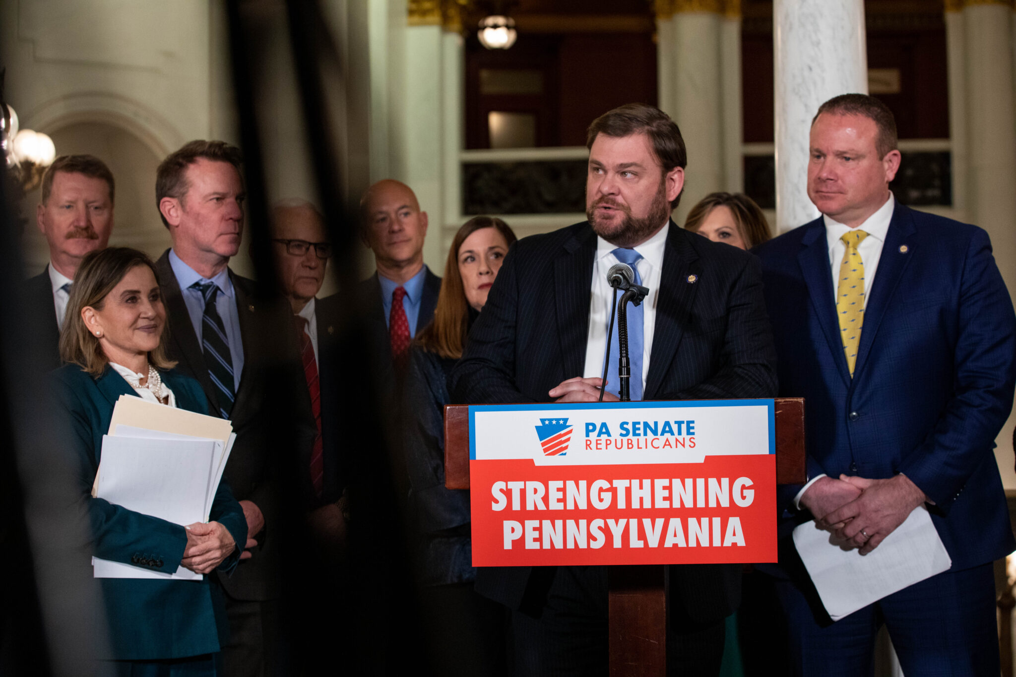 Can Pennsylvania craft the perfect cannabis law? Senate Majority Leader Joe Pittman, R-Indiana, speaks during a news conference on March 7, 2023 (Photo by Amanda Mustard for the Pennsylvania Capital-Star).