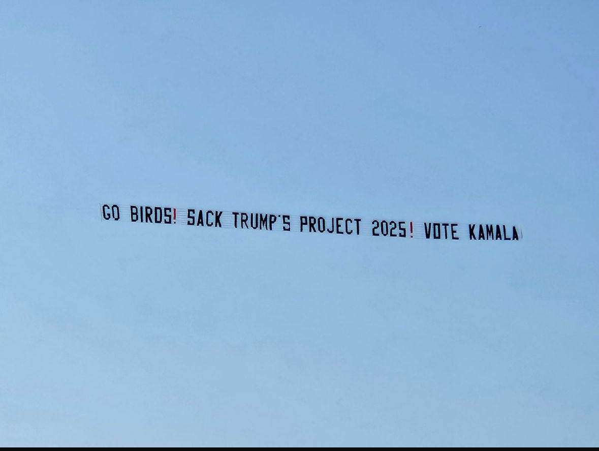 DNC flying anti-Project 2025 banner over Eagles game Sunday in Philadelphia to support Harris DNC flying anti-Project 2025 banner over Eagles game Sunday in Philadelphia to support Harris