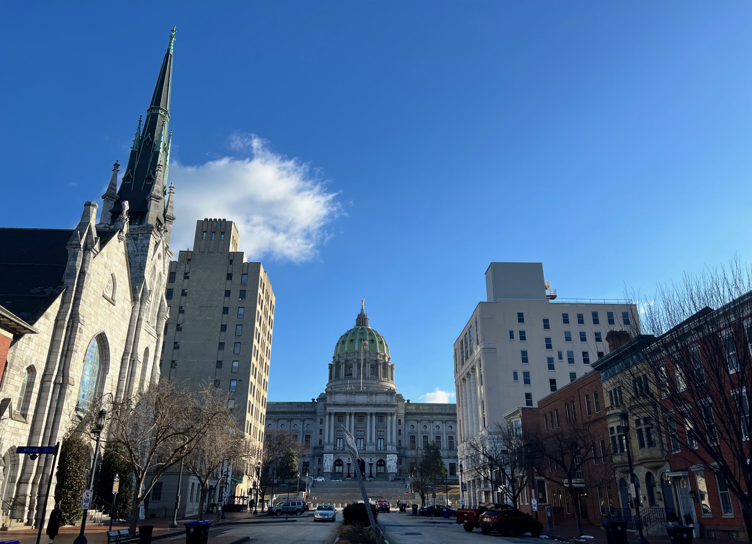 Advocates say legalizing cannabis opens doors for small business. Do Pa.’s latest proposals deliver? A view of the Pennsylvania state Capitol building from State Street in Harrisburg. (Tim Lambert/Pennsylvania Capital-Star).