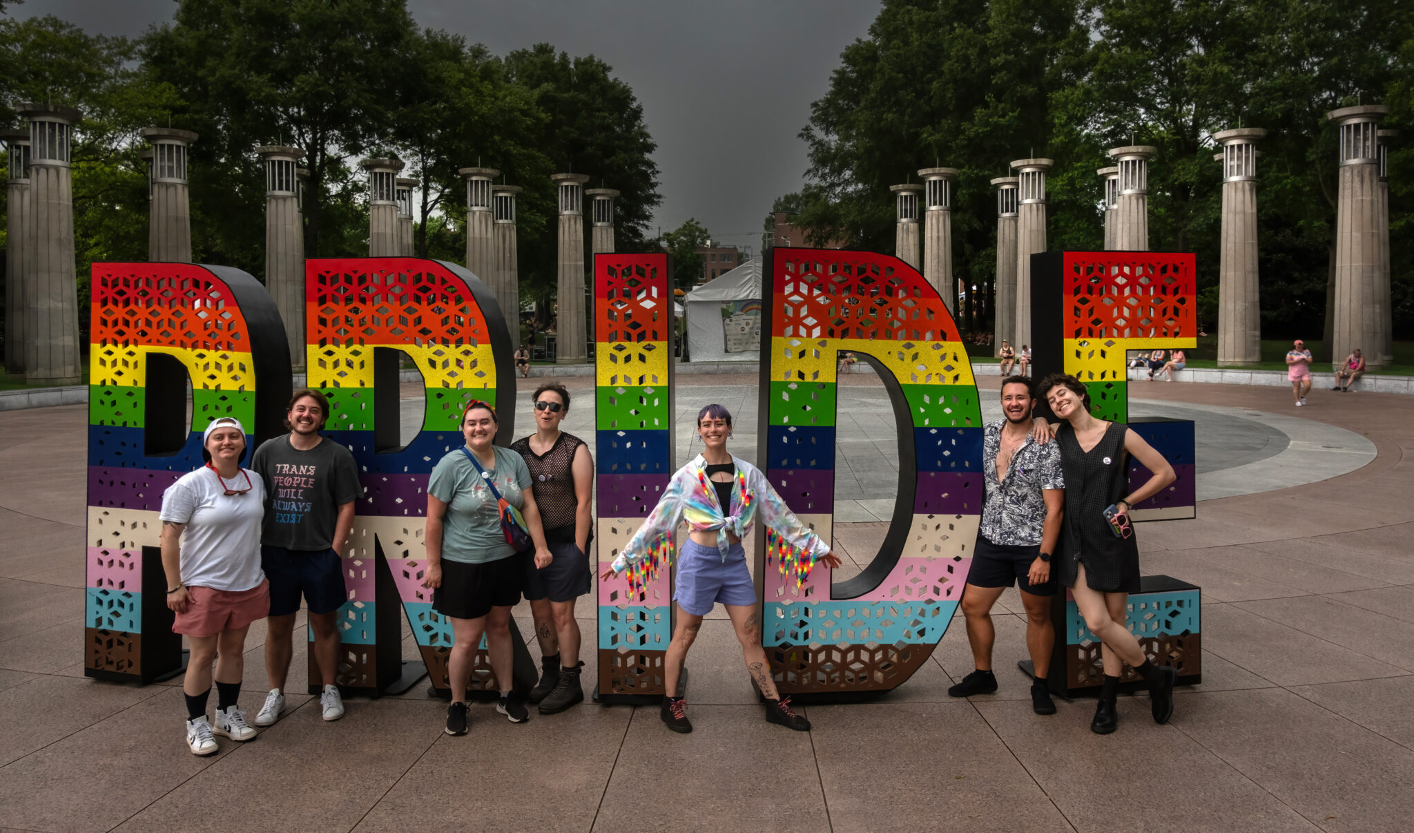 “Choose how you love:” Nashville Pride 2025 Celebration attendees posed in front of a giant Pride sign at Bicentennial Capitol Mall State Park. (Photo: John Partipilo/Tennessee Lookout)