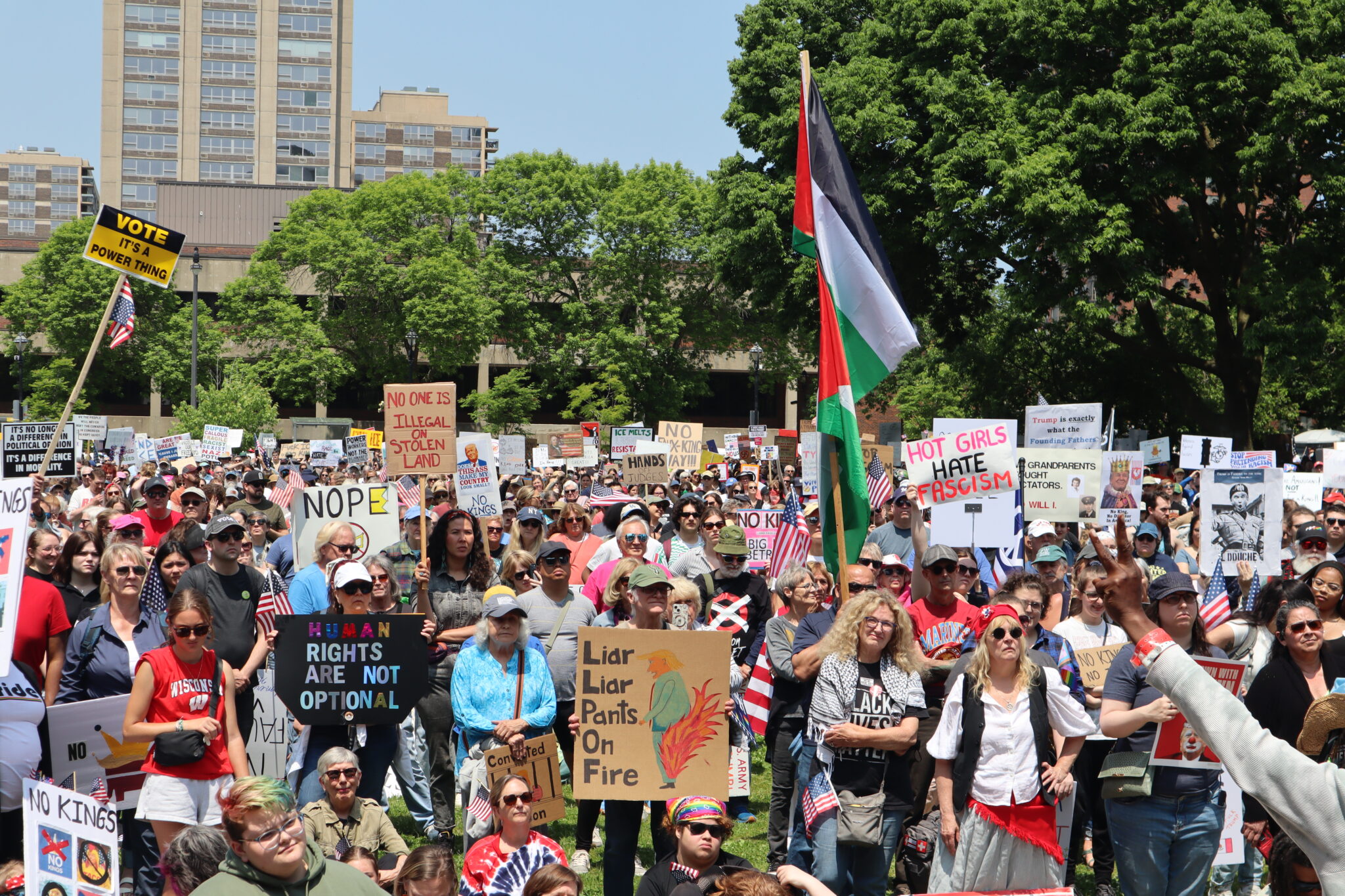 Thousands join nationwide ‘No Kings’ protests against Trump in Madison and Milwaukee Protesters gather in Milwaukee's Cathedral Square to march and rally as part of the No Kings Day protests nationwide. (Photo by Isiah Holmes/Wisconsin Examiner)