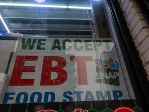 A store displays a sign accepting Electronic Benefits Transfer, or EBT, cards for Supplemental Nutrition Assistance Program purchases for groceries on Oct. 30, 2025 in New York City. (Photo by Spencer Platt/Getty Images)