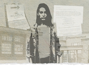 Crisis pregnancy centers have been the beneficiary of at least a half billion dollars since the U.S. Supreme Court ended federal abortion protections in June 2022, a States Newsroom investigation found. The centers discourage women from seeking abortion and contraception, which medical experts say compromises public health. (Illustration by David Jack Browning for States Newsroom)
