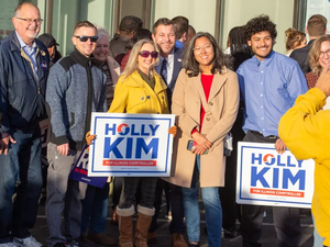 Lake County Treasurer Holly Kim stands with supporters outside the Illinois State Board of Elections in Springfield on petition filing day on Oct. 27, 2025. (Capitol News Illinois photo by Jerry Nowicki)