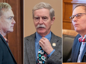 Opinion editor Clay Wirestone takes issue with remarks by, from left, Rep. Sean Tarwater, Sen. Bill Clifford and Rep. Bob Lewis. (Illustration from Kansas Reflector photos)