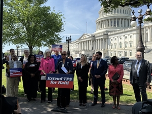 Massachusetts Democratic U.S. Rep. Ayanna Pressley speaks at a press conference April 15, 2026, outside the U.S. Capitol in Washington, D.C. From left to right are House Minority Whip Katherine Clark, New York Democratic Rep. Laura Gillen, GOP Rep. Mike Lawler and Congressional Black Caucus Chair Yvette Clarke. (Photo by Shauneen Miranda/States Newsroom)