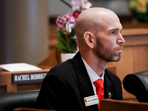 Rep. Joel Guggenmos, R-Riverton, listens during the Wyoming Legislature's 2026 budget session. (Mike Vanata/WyoFile)