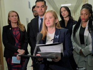 Liz Stein, a sexual abuse survivor advocate who has gone public about abuse by the late Jeffrey Epstein, spoke surrounded by U.S. House Oversight Committee Democrats on Friday, May 29, 2026, in the Rayburn House Office Buildin in Washington, D.C. (Photo by Ashley Murray/States Newsroom)
