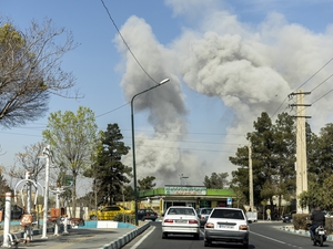 Plumes of smoke rise following an explosion on March 5, 2026 in Tehran, Iran. Democrats in the U.S. Senate on May 27, 2026, asked that the Congressional Budget Office provide the "true costs" of the Iran war. (Photo by Majid Saeedi/Getty Images)