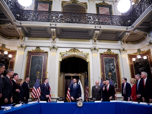 Vice President JD Vance, center, arrives at a roundtable anti-fraud meeting with Republican attorneys general in the Eisenhower Executive Office Building on the White House campus on May 26, 2026 in Washington, D.C. (Photo by Andrew Harnik/Getty Images)