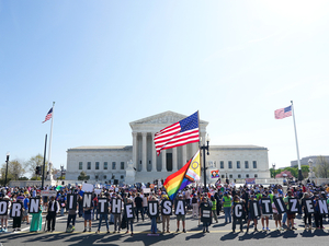 Protesters held a rally on protecting birthright citizenship outside the U.S. Supreme Court as President Donald Trump attended oral arguments on April 1, 2026 in Washington, D.C. (Photo by Al Drago/Getty Images)