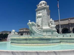 The Christopher Columbus Memorial Fountain outside of Union Station in Washington, D.C., on June 16, 2026. The Columbus Circle fountain is one of nine ornamental fountains in Washington, D.C. that have recently undergone improvements reportedly funded in part by National Park Service fees. (Photo by Amelia Twyman/States Newsroom)