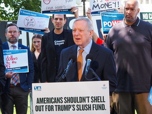 U.S. Sen. Dick Durbin, D-Ill., and former U.S. Capitol Police officer Harry Dunn, on the right, at a press conference opposing the Trump administration's $1.776 billion "anti-weaponization" fund on Capitol Hill on Tuesday, June 2, 2026. (Photo by Ashley Murray/States Newsroom)