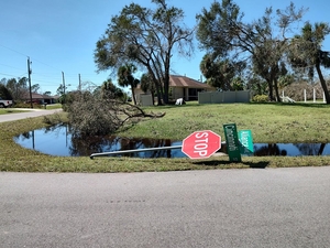Damaged signpost from Hurricane Ian in North Port, Florida, on Sept. 30, 2022. (Photo by Mitch Perry/Florida Phoenix)