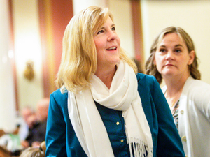 Speaker Emerita Melissa Hortman talks to colleagues during a special legislative session Monday, June 9, 2025 at the Minnesota State Capitol in St. Paul. (Photo by Nicole Neri/Minnesota Reformer)